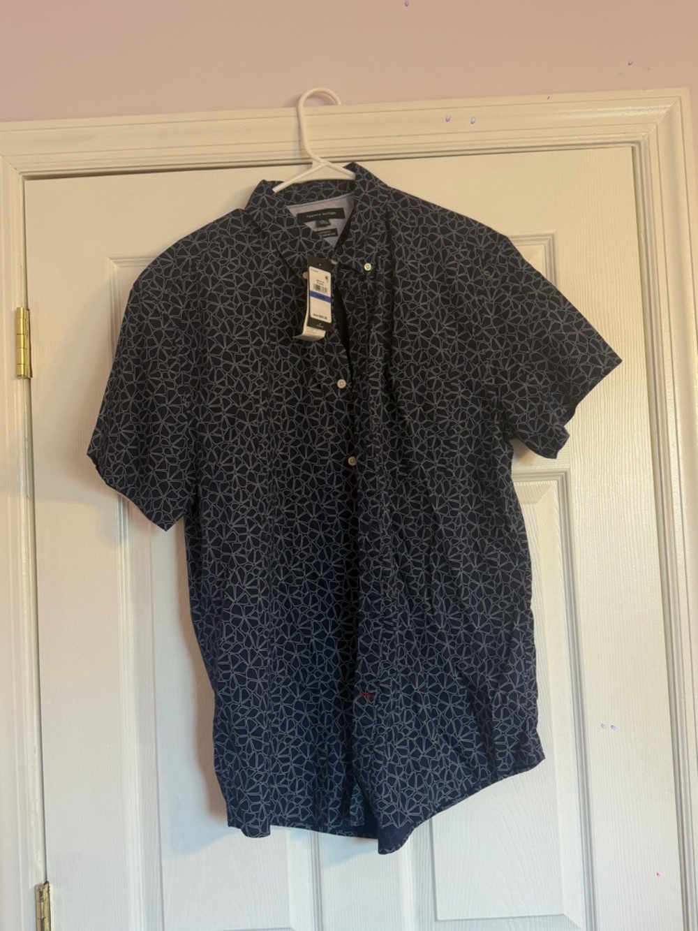 Men's Short Sleeve Geo Print Button-Up Shirt - Navy